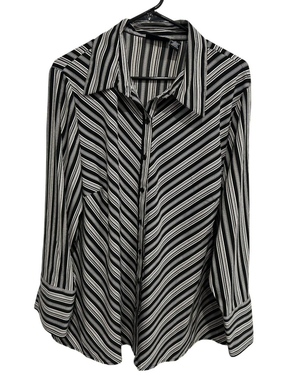 Maggie Barnes 1X Black White Striped Button-Down Shirt Top Minimalist Retro